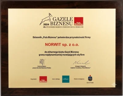 Business Gazelles 2024 diploma for NORWIT Sp. z o.o.
