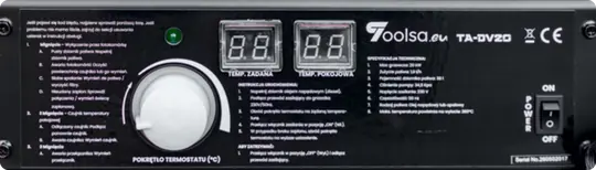 Panel sterowania nagrzewnicy z pokrętłem termostatu i wyświetlaczami temperatury