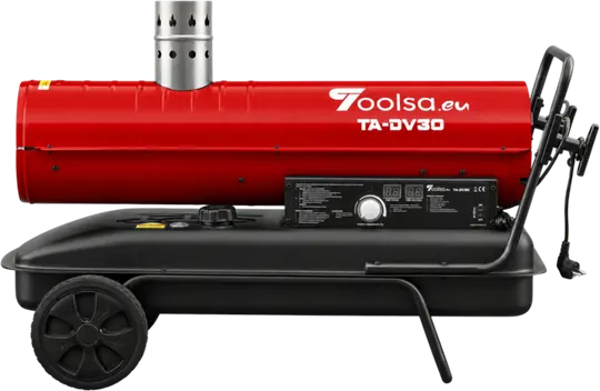 Nagrzewnica olejowa Toolsa z boku, z kominem na górze korpusu