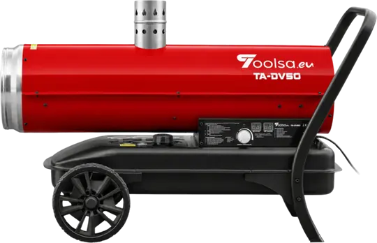 Nagrzewnica olejowa Toolsa z boku, z kominem na górze korpusu