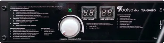 Panel sterowania nagrzewnicy z pokrętłem termostatu i wyświetlaczami temperatury