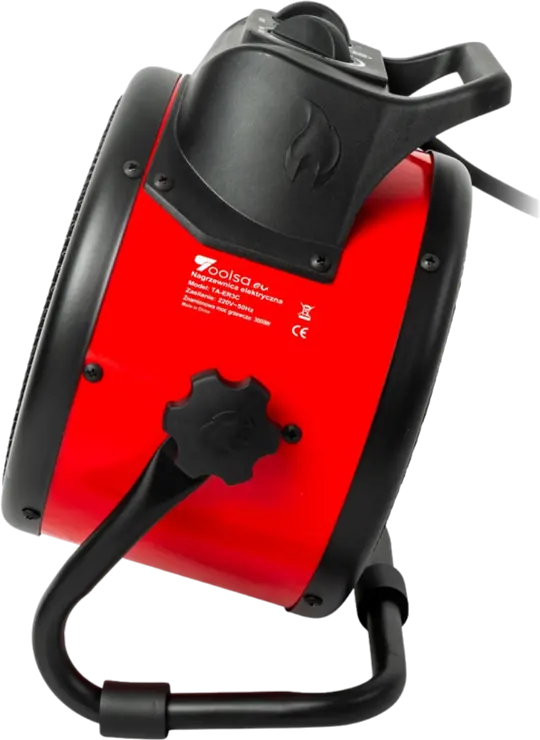 Toolsa heater from the side, outlet on the left, rear grille on the right