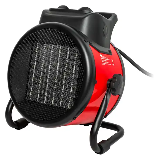Toolsa PTC electric heater with a guarded front grille, photographed from a slight angle