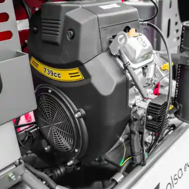 Rato R740 engine in a black housing with a yellow 739cc decal and a cooling fan