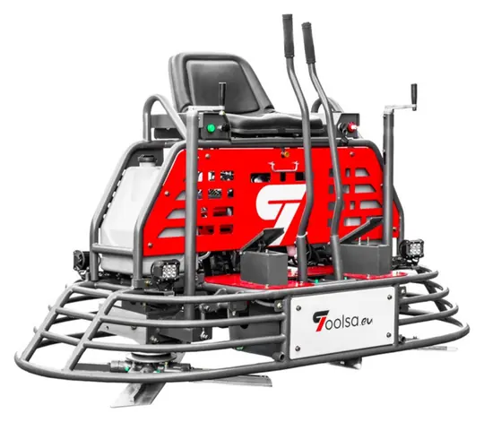 Toolsa EHG ride-on power trowel with operator seat and red body, angled front view