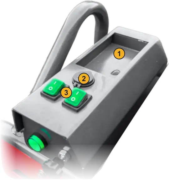 Operator console of the trowel with two green switches, a socket and a tray