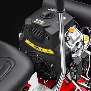 Black Rato R740 engine with a 739cc decal and ignition switch beside the operator seat