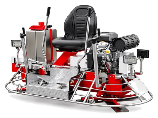 Toolsa Low Rider ride-on power trowel with a black Rato R740 engine, angled front view