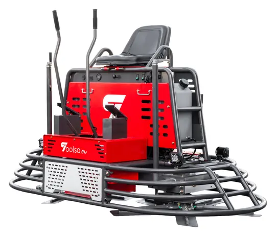 Ride-on power trowel Toolsa with a black Rato R999 engine, angled front view