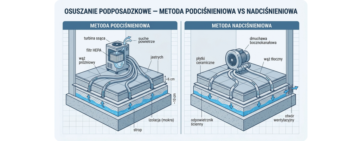 Porównanie metody podciśnieniowej i nadciśnieniowej osuszania podposadzkowego