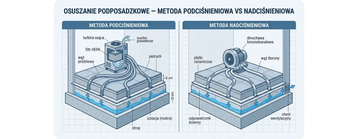 Porównanie metody podciśnieniowej i nadciśnieniowej osuszania podposadzkowego