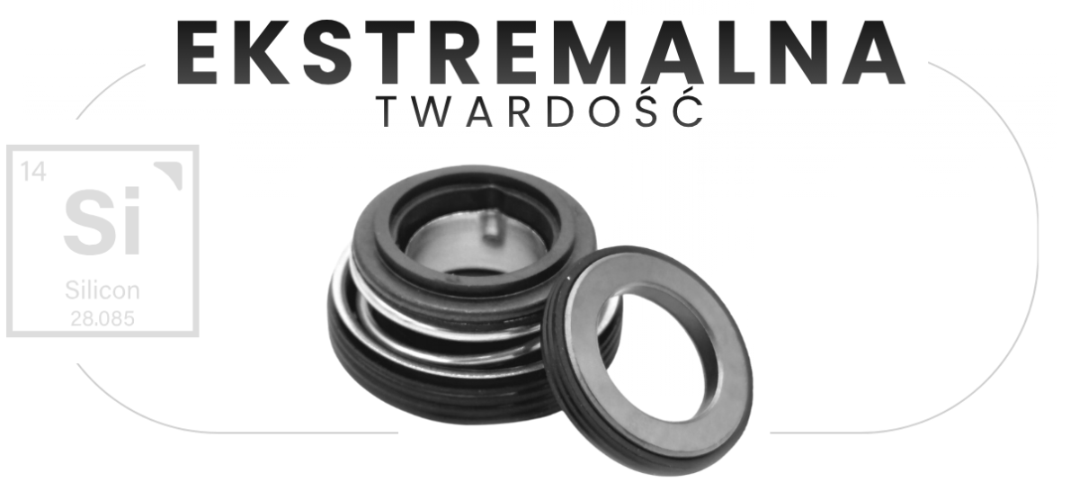 Napis „Ekstremalna twardość" obok uszczelnienia mechanicznego z symbolem pierwiastka krzem