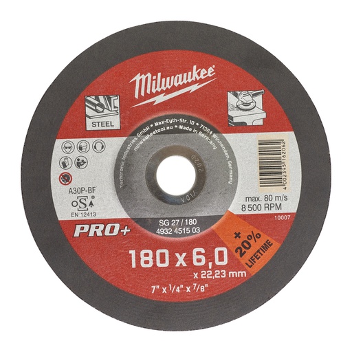 [4932451503] Tarcze do szlifowania metalu PRO+ Milwaukee | SG 27 / 180 x 6 x 22 mm - 10 pcs