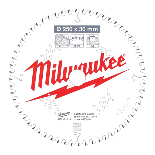 [4932472016] Tarcze pilarskie do pił ukosowych Milwaukee | CSB MS W 250x30x2.8x60ATB